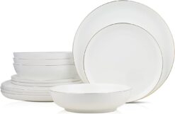 Stone Lain Gabrielle Bone China Dinnerware Set, 12-Piece Service for 4, White and Gold