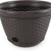 Suncast Plastic Wicker Outdoor Garden Hose Storage Holder Hideaway Pot for 100 Foot Long Hoses with 4 Drain Holes for Porch or Garden, Java