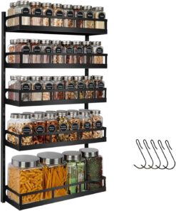X-cosrack Wall Mount Spice Rack Organizer 5 Tier Height-Adjustable Hanging Spice Shelf Storage for Kitchen Pantry Cabinet, Dual-Use Seasoning Holder Rack with Hooks, Black-Patented