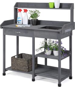 Yaheetech Outdoor Potting Bench Table Potters Benches Garden Workstation for Horticulture with Drawer/Adjustable Shelf Rack/Removable Sink/Hooks/Pads, Gray