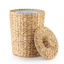 1.3 Gallons Wicker Waste Basket with Lid - Large Wicker Trash Can for Office - WasteBaskets for Bedroom, Bathroom, Kitchen, Living Room - Boho Handwoven Trash Cans for Garbage (Water Hyacinth)