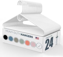 24pk Made in USA Heavy Duty Plastic Clothes Hangers Bulk, 20 30 50 100 Pack Available, Strong Plastic Hangers, Jacket Coat Hangers, Thick Plastic Hanger for Closet and Clothing Hangars (White)