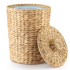 3 Gallons Wicker Waste Basket with Lid - Large Wicker Trash Can for Office - WasteBaskets for Bedroom, Bathroom, Kitchen, Living Room - Boho Handwoven Trash Cans for Garbage (Water Hyacinth)