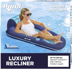 Aqua Luxury Water Pool Lounge – Extra Large – Inflatable Pool Floats for Adults with Headrest, Backrest, Footrest & Cupholder – Luxury Lounge Navy/Light Blue