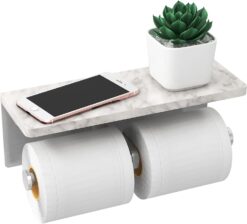 Brushed Nickel Toilet Paper Holder with Shelf, New Upgrade Double Toilet Paper Holder with Storage, Marble Roll Toilet Paper Wall Mount for Bathroom Washroom