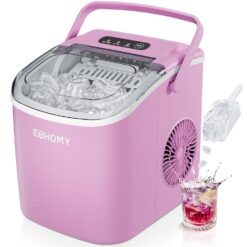 EUHOMY Countertop Ice Maker Machine with Handle, 26lbs in 24Hrs, 9 Ice Cubes Ready in 6 Mins, Auto-Cleaning Portable Ice Maker with Basket and Scoop, for Home/Kitchen/Camping/RV. (Pink)