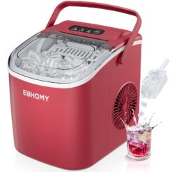 EUHOMY Countertop Ice Maker Machine with Handle, 26lbs in 24Hrs, 9 Ice Cubes Ready in 6 Mins, Auto-Cleaning Portable Ice Maker with Basket and Scoop, for Home/Kitchen/Camping/RV. (Red)