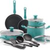 GreenLife Soft Grip Diamond Healthy Ceramic Nonstick 13 Piece Cookware Pots and Pans Set, PFAS-Free, Dishwasher Safe, Turquoise, Diamond Cookware