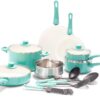 GreenLife Soft Grip Healthy Ceramic Nonstick, 15 Piece Cookware Pots and Pans Set, Induction, PFAS-Free, Dishwasher Safe, Turquoise