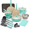 GreenLife Soft Grip Healthy Ceramic Nonstick 18 Piece Kitchen Cookware Pots and Frying Sauce Saute Pans Set, PFAS-Free with Kitchen Utensils and Lid, Dishwasher Safe, Turquoise