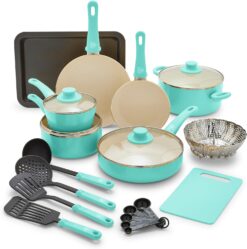 GreenLife Soft Grip Healthy Ceramic Nonstick 18 Piece Kitchen Cookware Pots and Frying Sauce Saute Pans Set, PFAS-Free with Kitchen Utensils and Lid, Dishwasher Safe, Turquoise