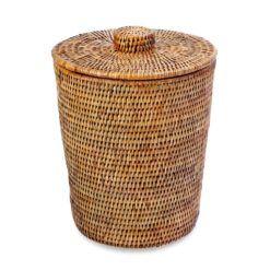 KOUBOO La Jolla Rattan Round Waste Basket With Lid & Plastic Insert, 2 Gallon Woven Wastebasket for Bathroom, Kitchen, Office, Living Room, & Home Decor, Honey Brown