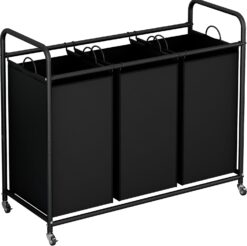 LINZINAR 3-Bag Laundry Basket Hamper Laundry Sorter Cart laundry room organization with Heavy Duty Rolling Lockable Wheels and Removable Bags (Black)