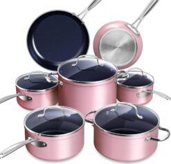 Nuwave Healthy Duralon Blue Ceramic Nonstick Cookware Set, Diamond Infused Scratch-Resistant, PFAS Free, Dishwasher & Oven Safe, Induction Ready & Evenly Heats, Tempered Glass Lids & Stay-Cool Handles, Dusty Pink
