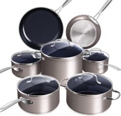 Nuwave Healthy Duralon Blue Ceramic Nonstick Cookware Set, Diamond Infused Scratch-Resistant, PFAS Free, Dishwasher & Oven Safe, Induction Ready & Evenly Heats, Tempered Glass Lids & Stay-Cool Handles, Clay