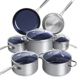 Nuwave Healthy Duralon Blue Ceramic Nonstick Cookware Set, Diamond Infused Scratch-Resistant, PFAS Free, Dishwasher & Oven Safe, Induction Ready & Evenly Heats, Tempered Glass Lids & Stay-Cool Handles, Cool Gray