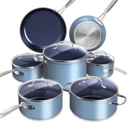 Nuwave Healthy Duralon Blue Ceramic Nonstick Cookware Set, Diamond Infused Scratch-Resistant, PFAS Free, Dishwasher & Oven Safe, Induction Ready & Evenly Heats, Tempered Glass Lids & Stay-Cool Handles, Cozy Blue