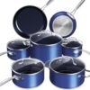 Nuwave Healthy Duralon Blue Ceramic Nonstick Cookware Set, Diamond Infused Scratch-Resistant, PFAS Free, Dishwasher & Oven Safe, Induction Ready & Evenly Heats, Tempered Glass Lids & Stay-Cool Handles, Deep Blue