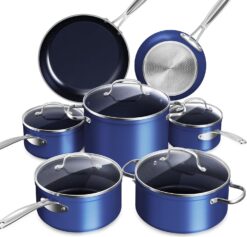 Nuwave Healthy Duralon Blue Ceramic Nonstick Cookware Set, Diamond Infused Scratch-Resistant, PFAS Free, Dishwasher & Oven Safe, Induction Ready & Evenly Heats, Tempered Glass Lids & Stay-Cool Handles, Deep Blue
