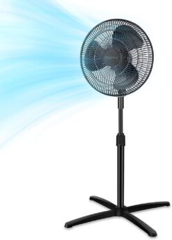 PELONIS Fan Portable 16 Inch Pedestal Fan| 3-Speed| 90° Oscillation| Adjustable Height| Standing Floor Fan for living room, bedroom, kitchen, and home office| Black, PFS40M2ABB