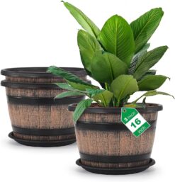 Quarut Large Plastic 3 Pack16 inch Plant Pots,Whiskey Barrel Planters with Drainage Holes & Saucer.Flower Pots Imitation Wine Barrel Design for Indoor & Outdoor Garden Balcony Plants.7 Gallons(Brown)