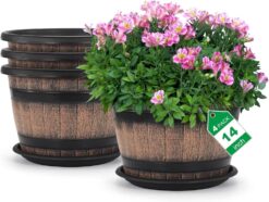 Quarut Large Plastic 4 Pack14 inch Plant Pots,Whiskey Barrel Planters with Drainage Holes & Saucer.Flower Pots Imitation Wine Barrel Design for Indoor & Outdoor Garden Balcony Plants.5 Gallons(Brown)