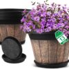Quarut Large Plastic Plant Pots Set of 4 Pack13 inch,Whiskey Barrel Planters with Drainage Holes & Saucer.Flower Pots Imitation Wine Barrel Design for Indoor & Outdoor Garden Balcony Plants (Brown)