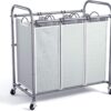 ROMOON Laundry Sorter, Laundry Hamper 3 Section with Heavy Duty Rolling Lockable Wheels, Laundry Basket Organizer with Removable Bags for Dirty Clothes Storage, Grey