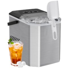 Silonn Ice Maker Countertop, Stainless Steel Portable Ice Machine with Carry Handle, Self-Cleaning Ice Makers with Basket and Scoop, 9 Cubes in 6 Mins, 26 lbs per Day