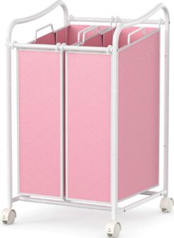 Simple Houseware 2-Bag Heavy Duty Rolling Laundry Sorter Cart, White/Pink