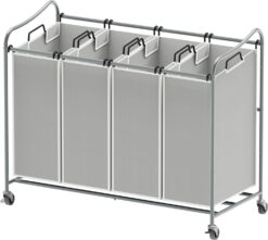 Simple Houseware 4-Bag Heavy Duty Laundry Sorter Rolling Cart, Silver
