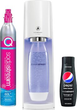 SodaStream E-TERRA Sparkling Water Maker (White) with CO2, Carbonating Bottle, and Pepsi® Zero Sugar Mix