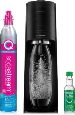 SodaStream Terra Sparkling Water Maker (Black) with CO2, DWS Bottle and Bubly Drop, Battery Powered