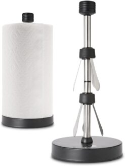 Stainless Steel Black Paper Towel Holder Designed for Easy One-Handed Operation - This Sturdy Weighted Paper Towel Dispenser Countertop Model Has Suction Cups and Holds All Paper Towel Rolls