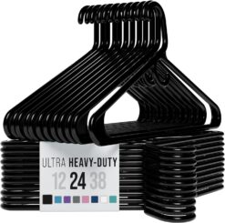 Ultra Heavy Duty Plastic Clothes Hangers - Black - Durable Coat, Suit and Clothes Hanger. Perchas De Ropa (24 Pack - Black)