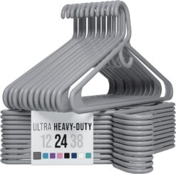 Ultra Heavy Duty Plastic Clothes Hangers - Grey - Durable Coat, Suit and Clothes Hanger. Perchas De Ropa (24 Pack - Grey)
