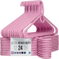 Ultra Heavy Duty Plastic Clothes Hangers - Pink - Durable Coat, Suit and Clothes Hanger. Perchas De Ropa (24 Pack - Pink)