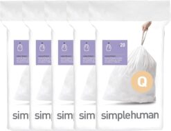 simplehuman Code Q 100 Count, Genuine Custom Fit Liners, Drawstring Trash Bags in Dispenser Packs, 50-65 Liter / 13-17 Gallon, White