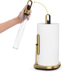 simplehuman Standing Paper Towel Holder with Spray Pump, Brass Stainless Steel, Gold