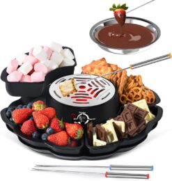 2 in 1 Electric S’mores Maker & Fondue Pot, Tabletop Indoor Smores kit with 4 Roasting Forks, 4 Detachable Trays & 1 Flameless Temperature-controlled Heater, Movie Night Supplies & Housewarming Gifts