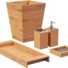 5-Piece Bathroom Decor Set - Bamboo Vanity Accessories with Trash Bin, Soap Dish, Soap Dispenser, Toothbrush Holder, and Tray by Lavish Home (Natural)