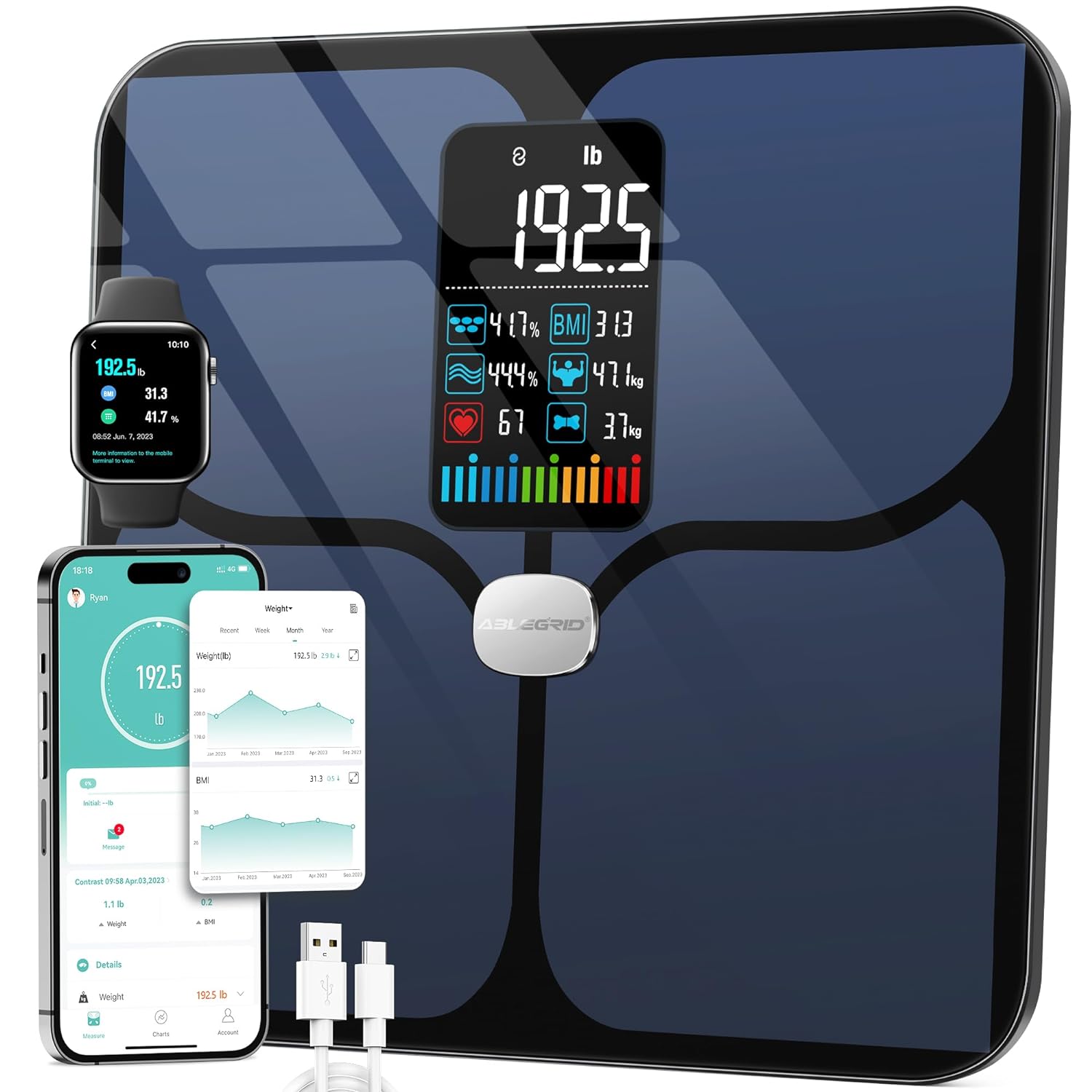 ABLEGRID Body Fat Scale,Digital Smart Bathroom Scale for Body Weight, Large LCD Display Screen, 16 Body Composition Metrics BMI, Water Weigh, Heart Rate, Baby Mode, 400lb, Rechargeable ABLEGRID Body Fat Scale,Digital Smart Bathroom Scale for Body Weight, Large LCD Display Screen, 16 Body Composition Metrics BMI, Water Weigh, Heart Rate, Baby Mode, 400lb, Rechargeable