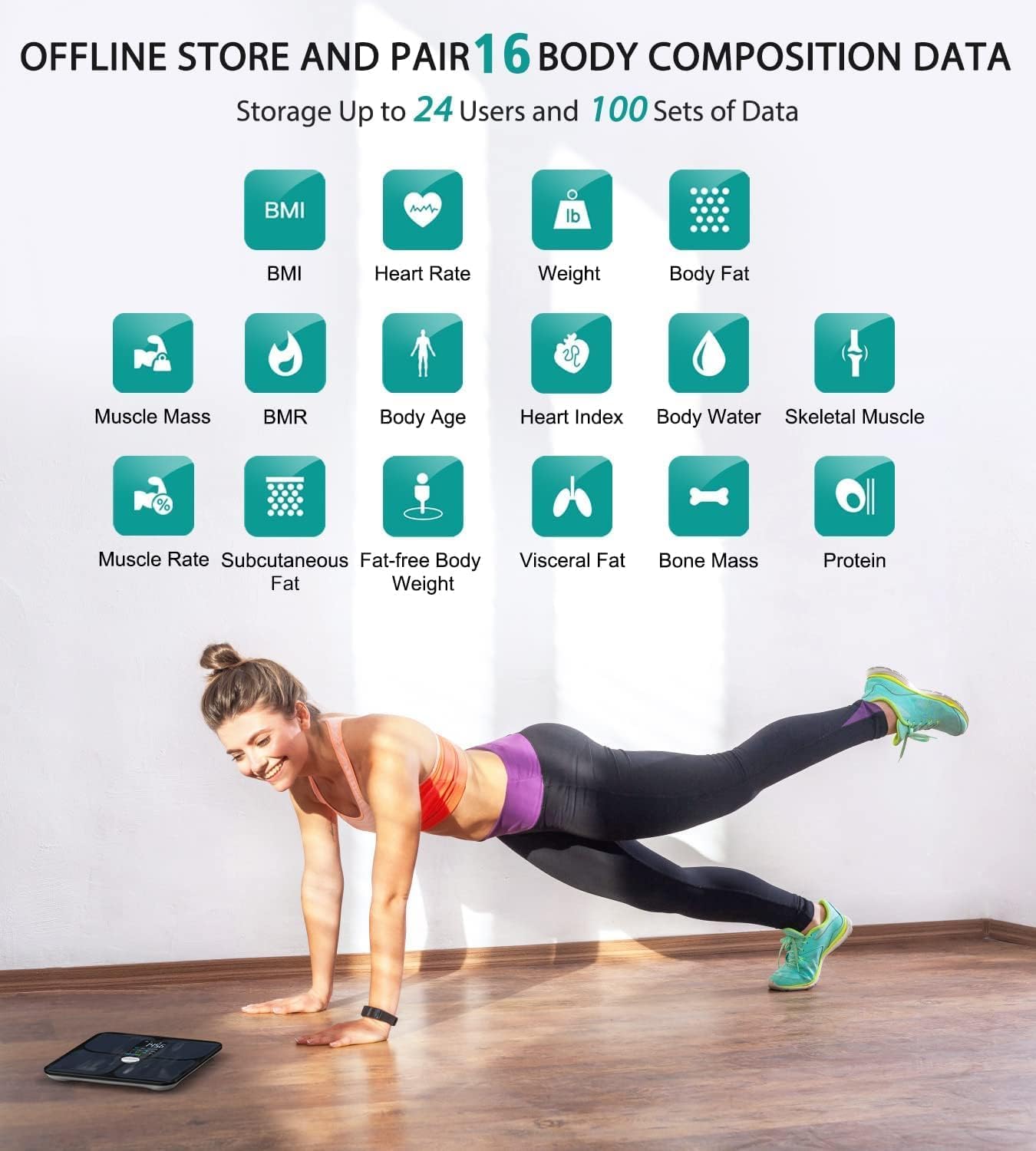 ABLEGRID Body Fat Scale,Digital Smart Bathroom Scale for Body Weight, Large LCD Display Screen, 16 Body Composition Metrics BMI, Water Weigh, Heart Rate, Baby Mode, 400lb, Rechargeable3