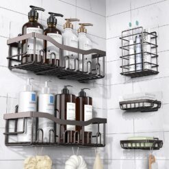 Adhesive Shower Caddy, 5 Pack Stainless Steel Bath Organizers With No Drilling, Large Capacity, Rustproof, For Bathroom Storage & Home Decor (Dark Brown)