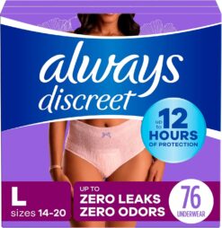 Always Discreet Adult Incontinence Underwear for Women and Postpartum Underwear, L, Up to 100%* Bladder Leak Protection, 76 CT,
