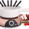 Artestia 1500W Electric Fondue Pot for Meat, 2-QT Ceramic Chocolate Melting Pot with Adjustable Temperature, 6 Fondue Forks, White Ceramic Pot with Rose-Gold Base