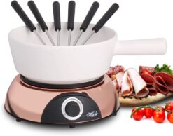 Artestia 1500W Electric Fondue Pot for Meat, 2-QT Ceramic Chocolate Melting Pot with Adjustable Temperature, 6 Fondue Forks, White Ceramic Pot with Rose-Gold Base