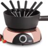 Artestia 2-QT Electric Fondue Pot for Chocolate Cheese, 1500W Oil Fondue Pot Set with Adjustable Temperature, 6 Fondue Forks, Black Ceramic Pot with Rose-Gold Base