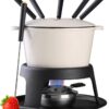 Artestia Cast Iron Fondue Pot Set for Chocolate Cheese Swiss Fondue Pot Set for Meat with 6 Fondue Forks, Cheese Camping Fondue Set Serve 6 Persons(White)