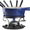 Artestia Swiss Traditional Cast Iron Cheese Fondue Pot Set, Campimg Fondue Set for Cheese, Meat & Chocolate (Blue)